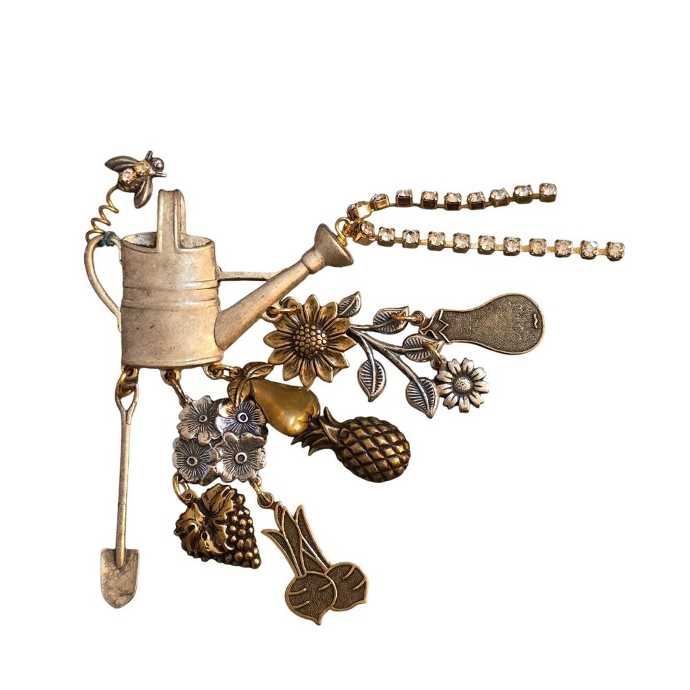 Vintage Silver & Gold Watering Can Brooch Crystals & Charms